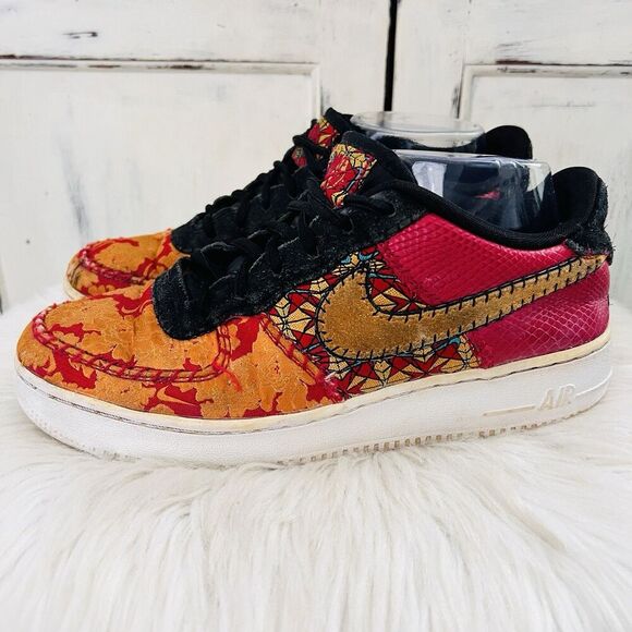Nike Air Force Red Gold Chinese New Year Leather Patchwork Sneakers Mens Size 8 - Picture 1 of 7